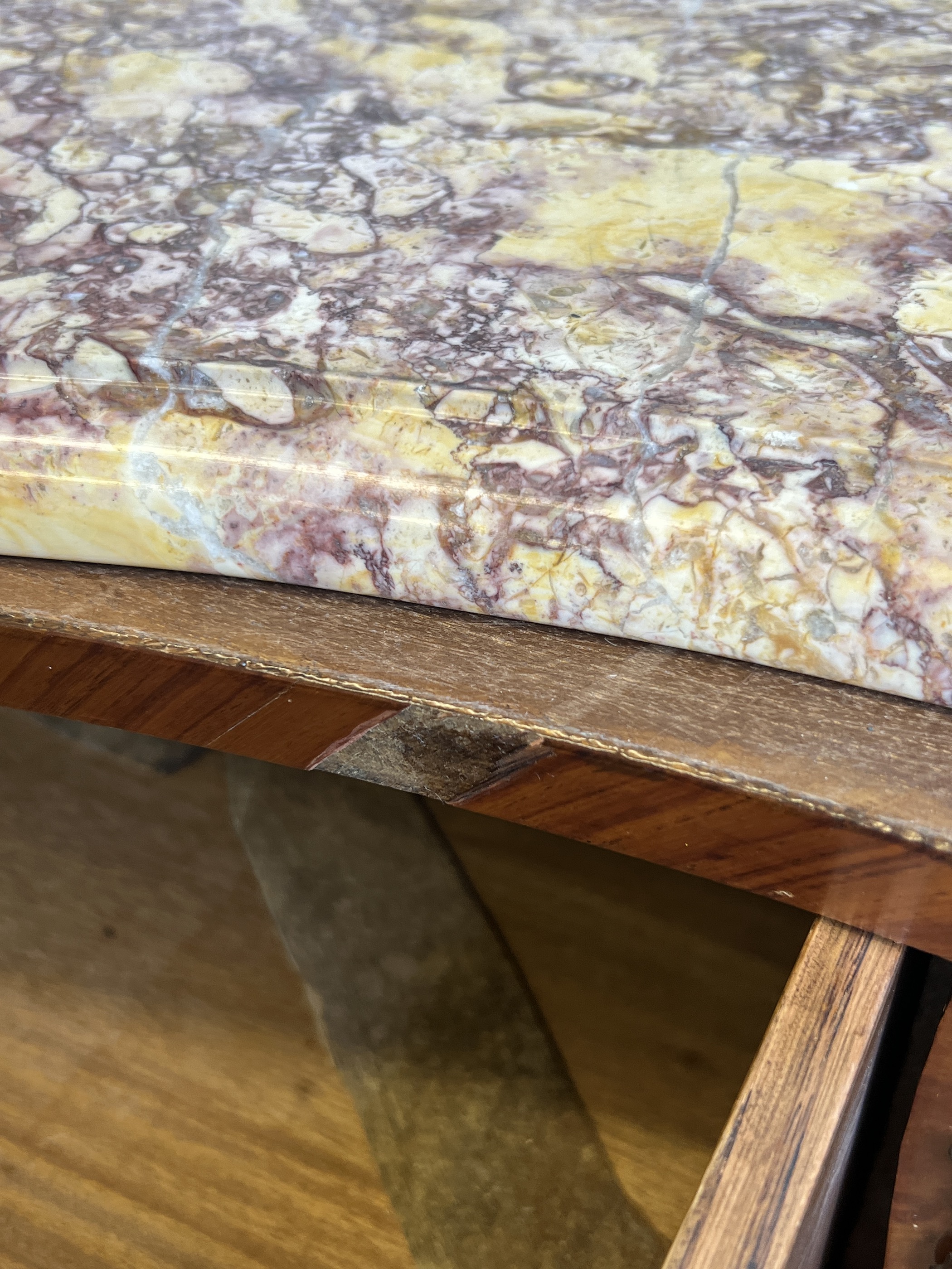 A Louis XV style marquetry inlaid kingwood marble top bombe commode, width 104cm, depth 46cm, height 88cm